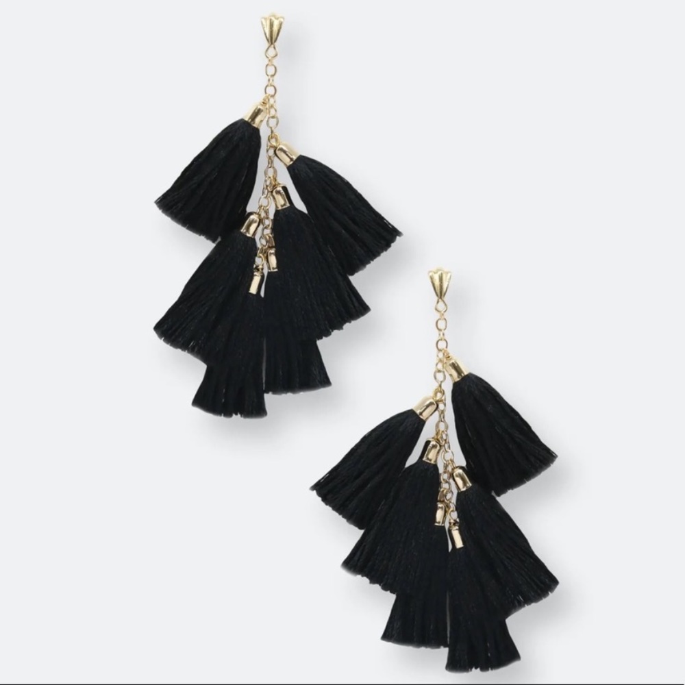 18k gold plated tassel earrings- black 🔻